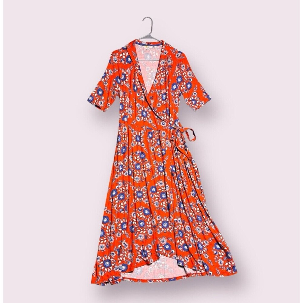 Boden Lavinia Jersey Wrap Dress 10 Floral Papaya Wildflower Prairie Red Orange